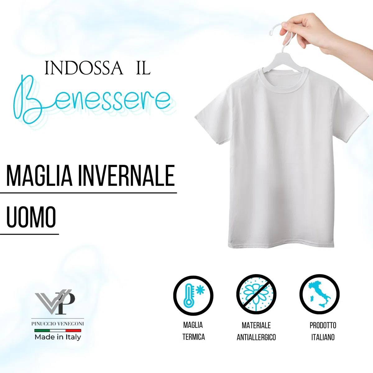 Pinuccio Venegoni - Juego de 3 camisetas de lana de algodón para hombre, camiseta interior térmica, algodón sobre la piel, camiseta de hombre de manga corta de invierno, camiseta térmica blanca, ropa
