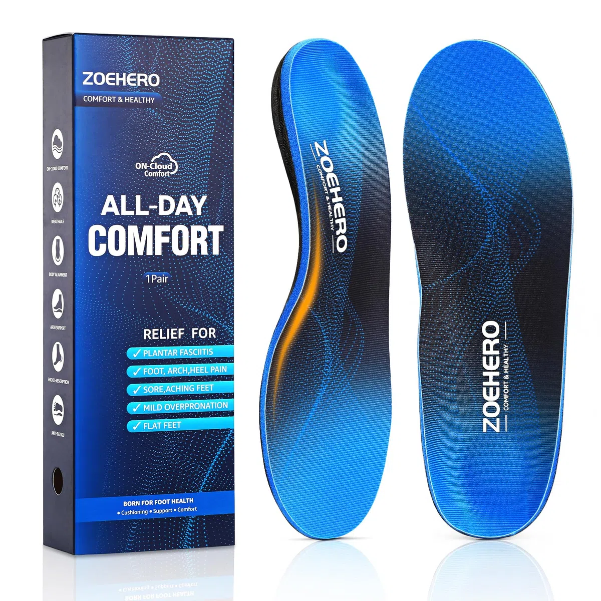 Plantillas para fascitis plantar para hombres y mujeres, inserciones ortopédicas resistentes con soporte de arco para aliviar la fascitis plantar, alivio del dolor de pies, plantillas cómodas para
