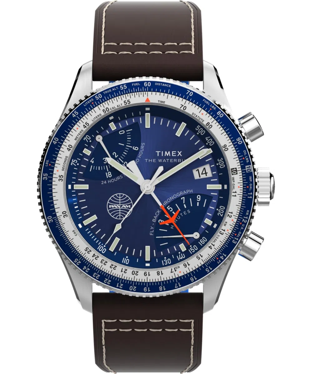 Timex Cronógrafo Flyback x Pan Am (43 mm), Esfera Azul, Correa de Piel marrón TW2W97200