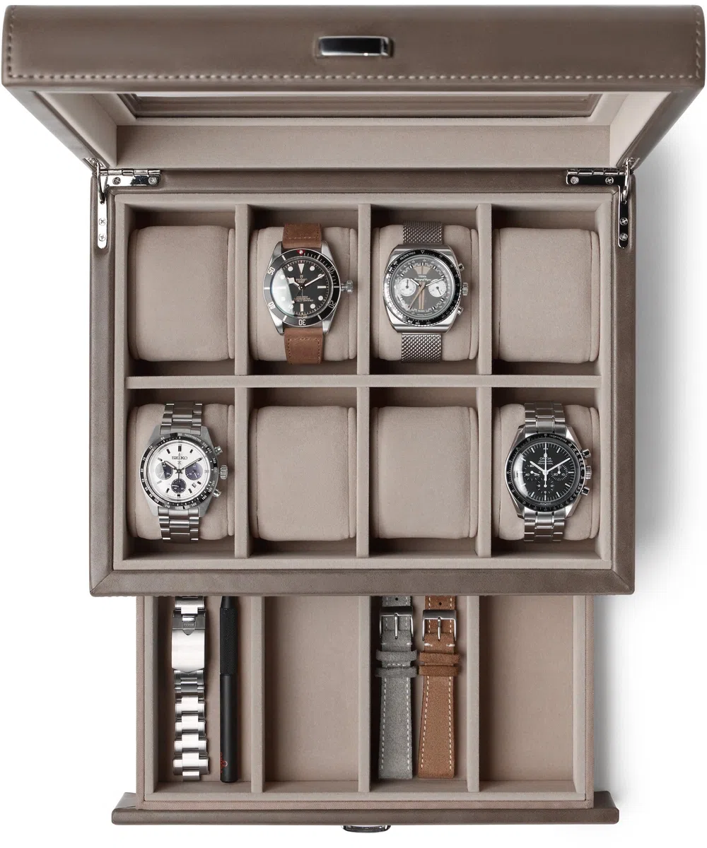 TAWBURY Caja de reloj de 8 ranuras, unisex, con cajón de almacenamiento, pantalla de cristal real y almohadas extra anchas para relojes grandes (gris pardo)