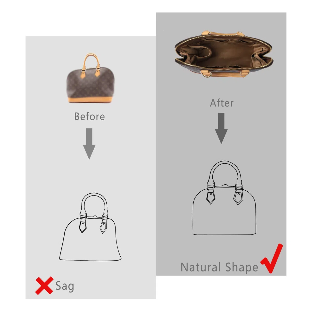 Organizador de monedero para bolsos, organizador de seda con cremallera, suave y sedoso, organizador de bolsas para Speedy Neverful, onthego, Artsy, 6 tamaños (tamaño grande, marrón sedoso)