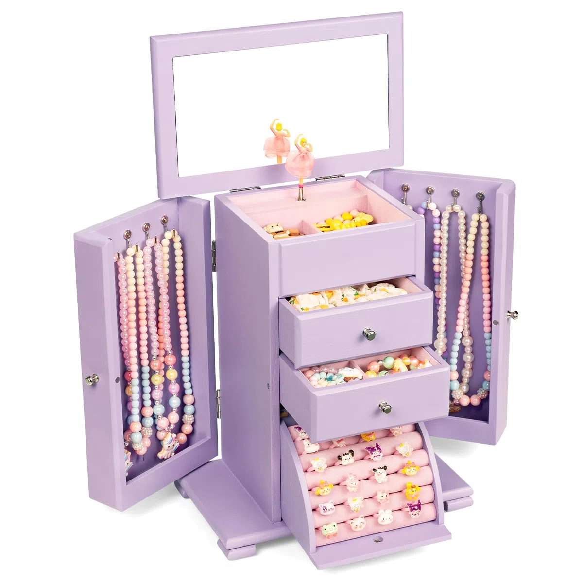 Caja de joyas para niña, 4 niveles, caja de música musical para niña, con bailarina de rotación, gran caja de música infantil de madera para niños, cumpleaños de regalo (púrpura)