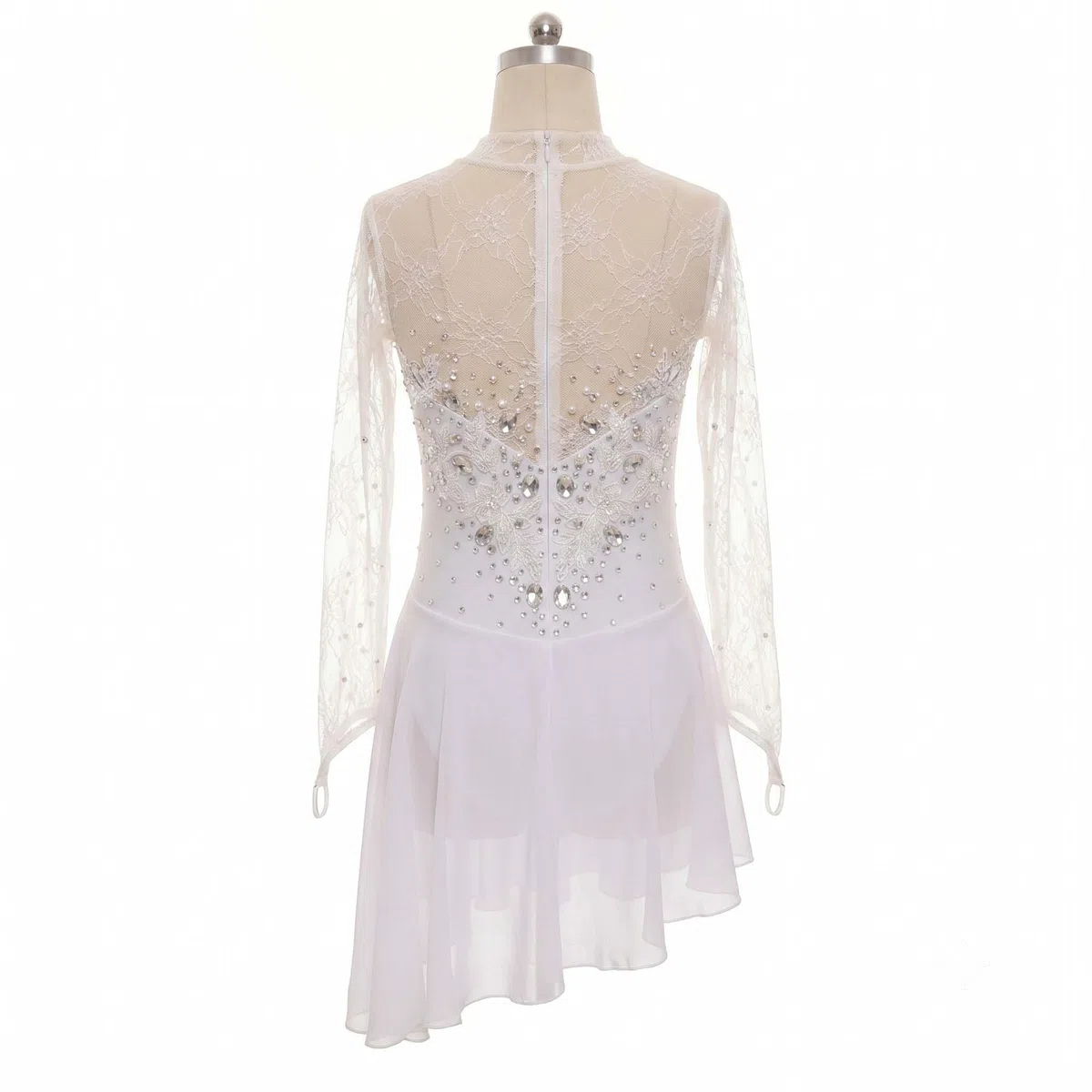 purpleq Vestido de Patinaje Artístico Blanco, Leotardo con Encaje y Pedrería, Traje Elegante Profesional para Competencias de Patinaje sobre Hielo, Danza y Presentaciones