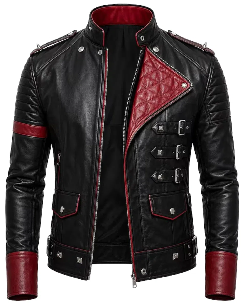 Chaqueta de cuero para hombre, inspirada en Pop Star, color rojo y negro, estilo punk rock, con tachuelas
