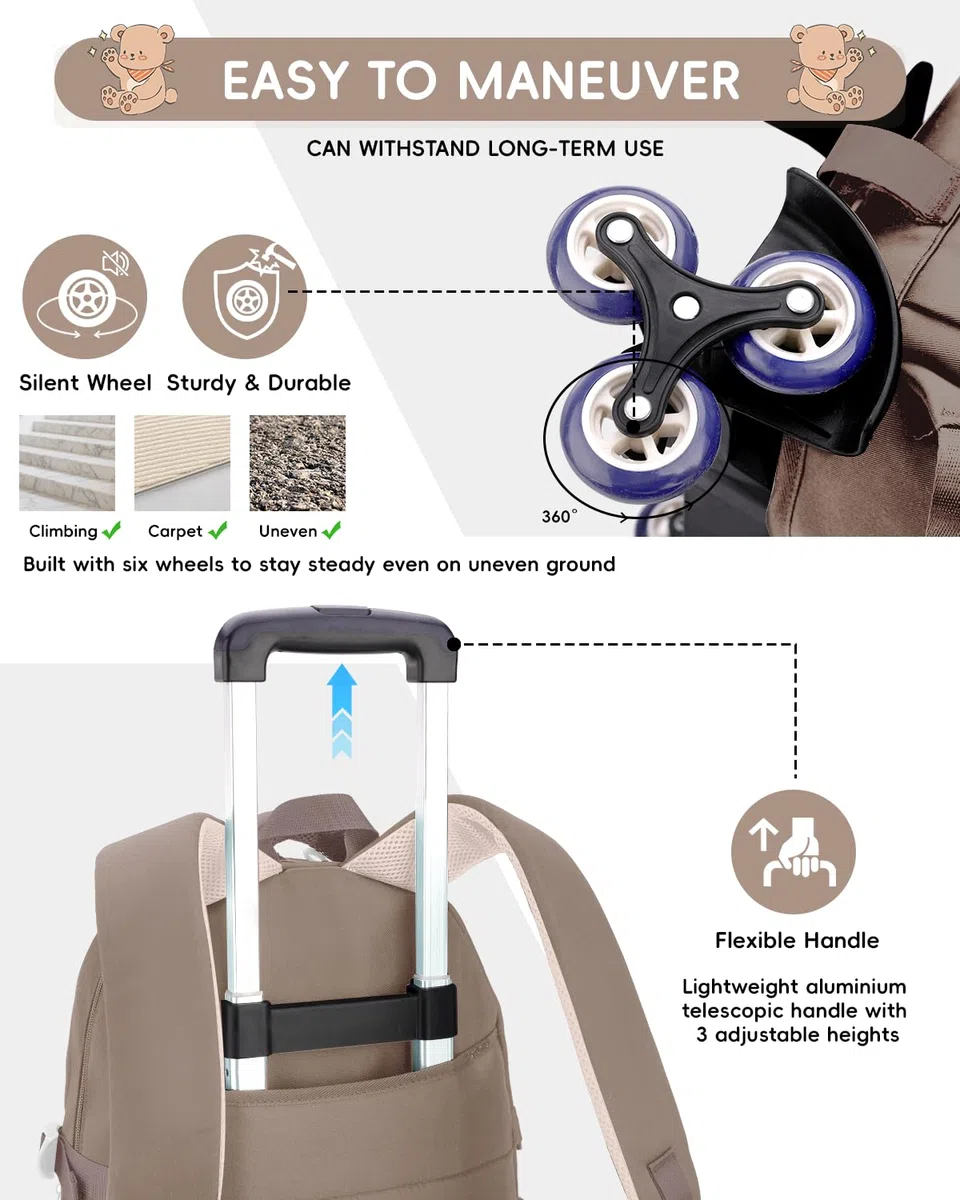 Tanou Mochila Escolar Niña con Ruedas, Mochilas Adolescente Chica con Carro | 30L, Trolley Desmontable Mochila Instituto de Viaje con 6 Ruedas, Marrón