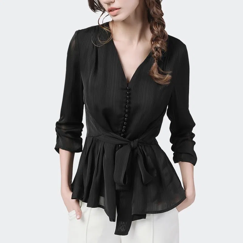 Blusas de Gasa a Rayas Azules para Mujer, Blusas Informales de Oficina con Cuello en V Ajustadas con Fajas y Mangas Tres Cuartos, Camisa (Negro XL)