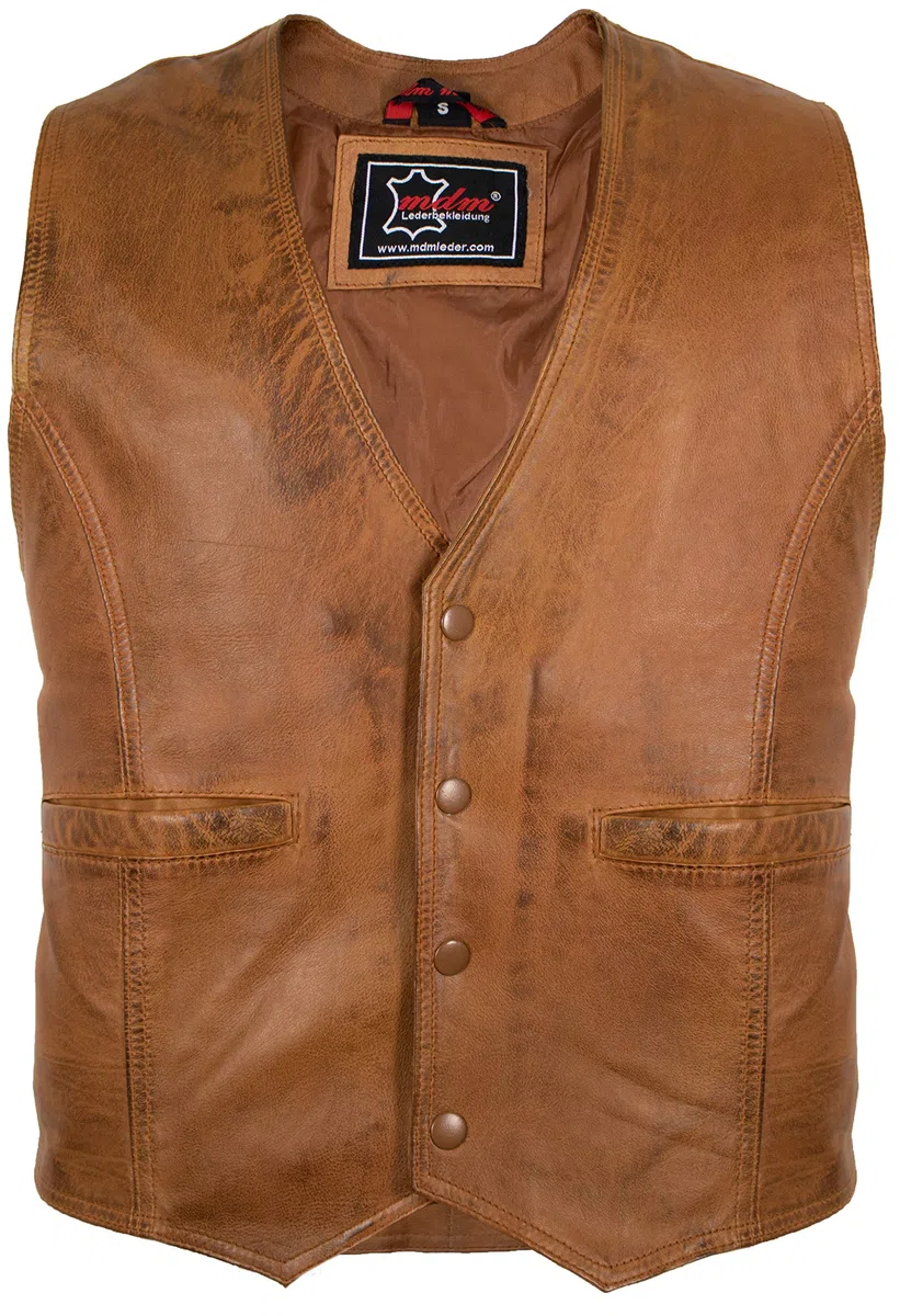 MDM Chaleco Hombre De Cuero Napa De Cordero Auténtico - Chaqueta Moto Hombre Sin Mangas, Chaleco Cuero Ligero Con Cuello En V, Bolsillos Interiores Y Exteriores