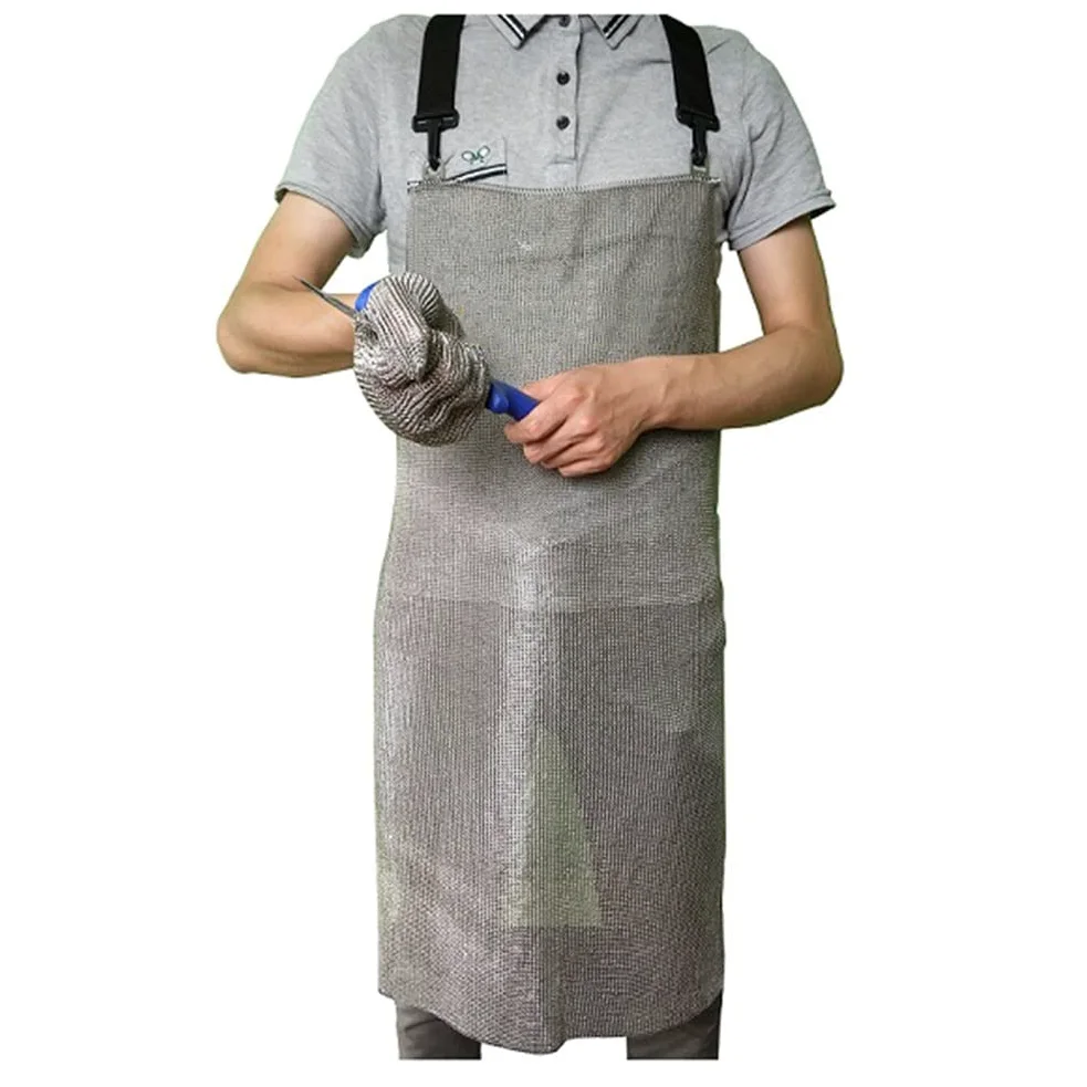 Delantal de malla resistente a los cortes, babero de trabajo de seguridad de acero inoxidable con correas ajustables para los hombros, diseño resistente a puñaladas para carniceros y uso culinario