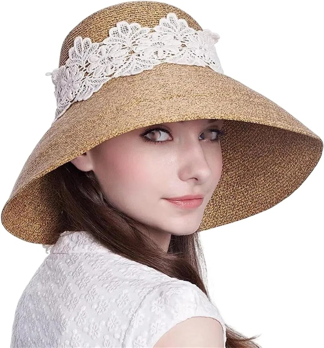 Sombrero de Paja Plegable ala Ancha, Visera Elegante y Protector Solar para Playa y Actividades al Aire Libre en Verano, Caqui