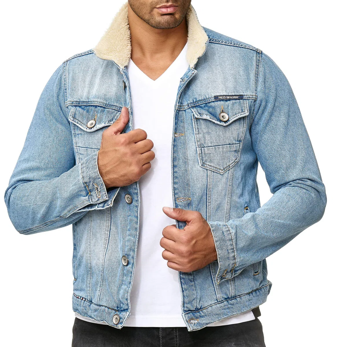 RED BRIDGE Chaqueta Manga Larga de Jean Vintage para Hombres Sherpa Piel Denim Jacket