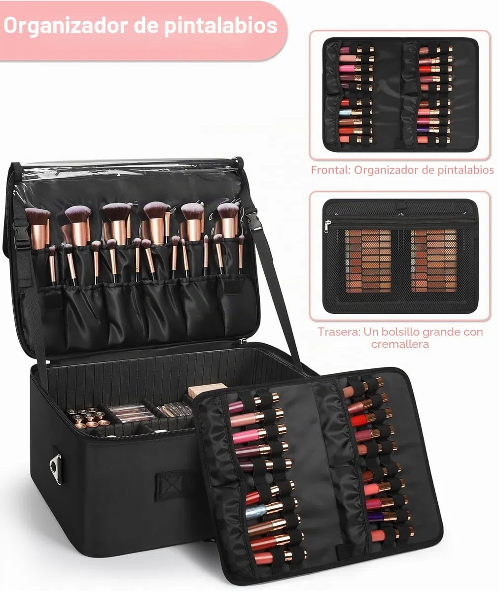 Maletín de maquillaje, organizador de cosméticos profesional con soporte para brochas, Negro , XXL, Fallow