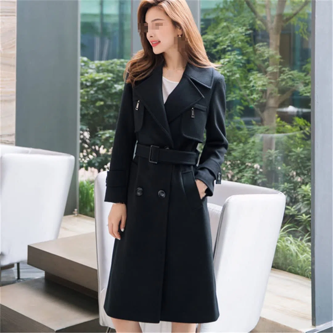 Alloaone Chaqueta de lana con cinturón de solapa para mujer, abrigo de lana de manga larga gruesa de doble botonadura, Negro, M