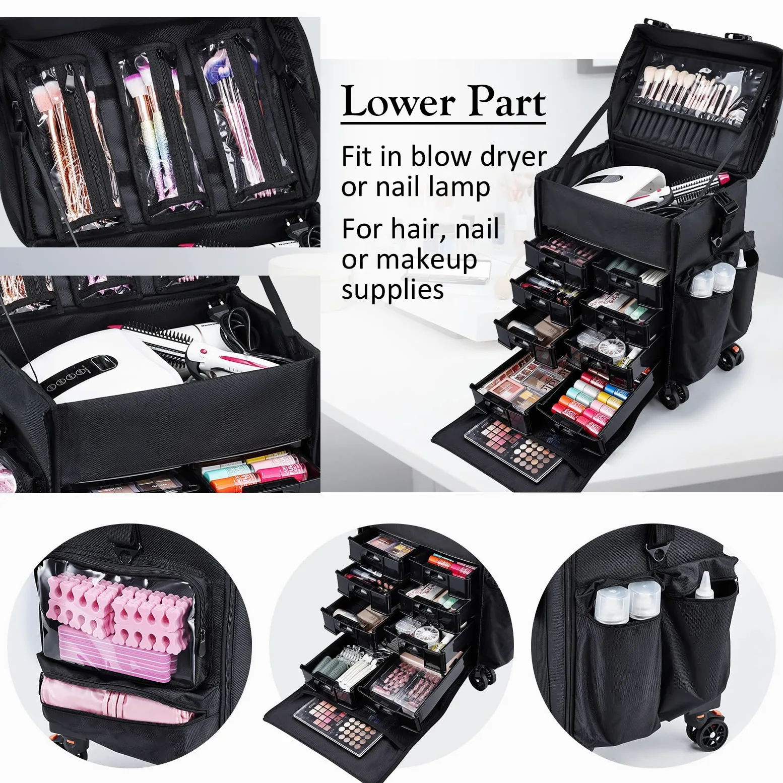 Maleta Maquillaje Profesional 2 en 1 Maletin Maquillaje con 8 cajones Maleta Cosmético Trolley Maquillaje con Ruedas Caja de Maquillaje Maletín de Uñas, Negro