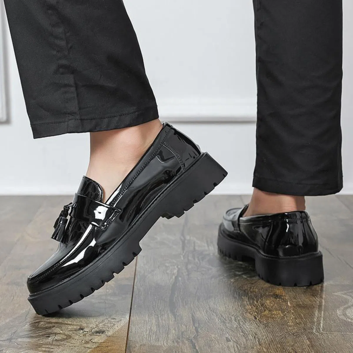 Mocasines Plataforma Hombre Zapatos Vestir Slip-On De Piel Charol | Zapatos Formales De Estilo Moderno Con Borlas, Puntera Redonda Y Suela De Goma, Para Bodas Y La Oficina