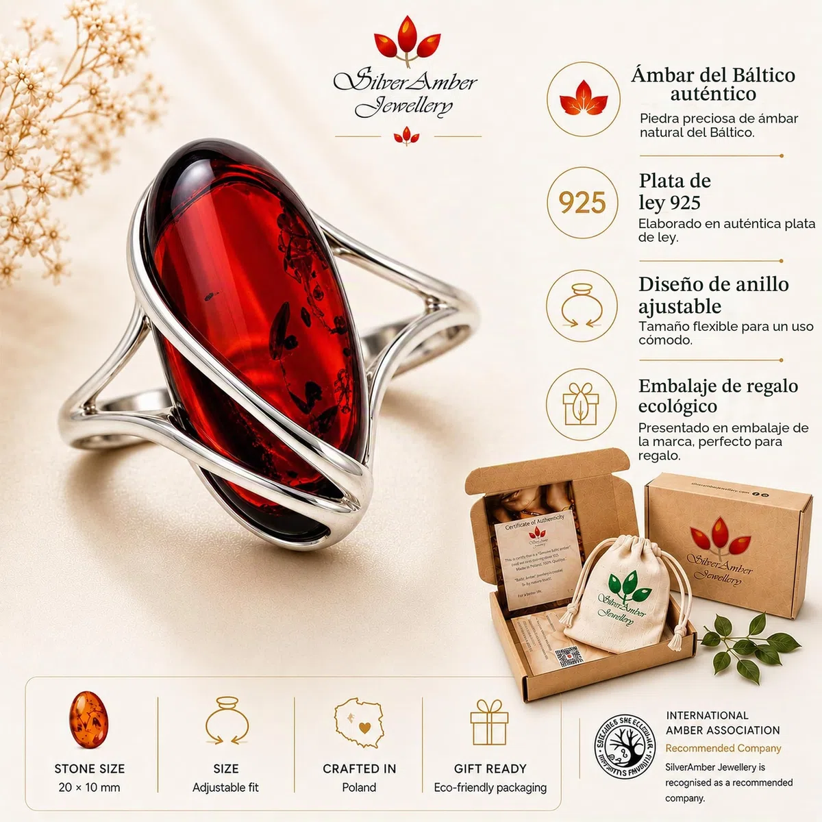Anillo ajustable grande de plata de ley 925 y ámbar báltico - GL423