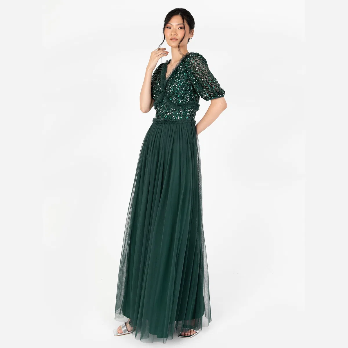 Maya Deluxe Women's Maxi Dress Ladies V-Neck Short Sleeve Sequin Embellished Tulle Ruffle For Wedding Guest Bridesmaid Ball Gown Vestidos para Mujer
