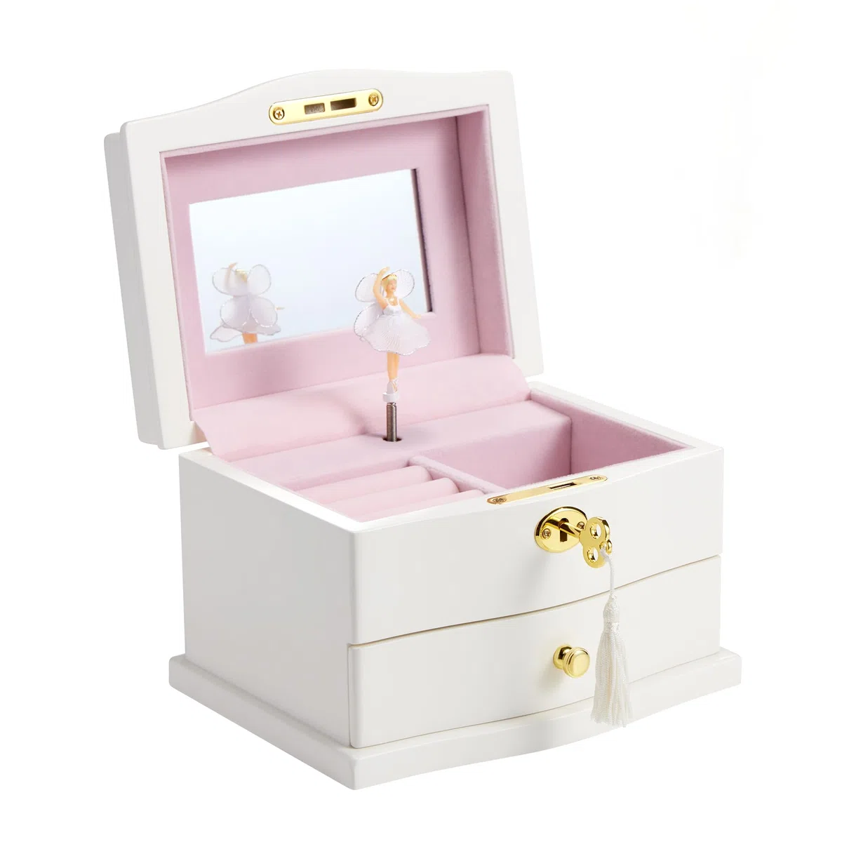 Joyero musical de bailarina con espejo para niñas, caja de música para almacenamiento de joyas para niños (blanco-L)