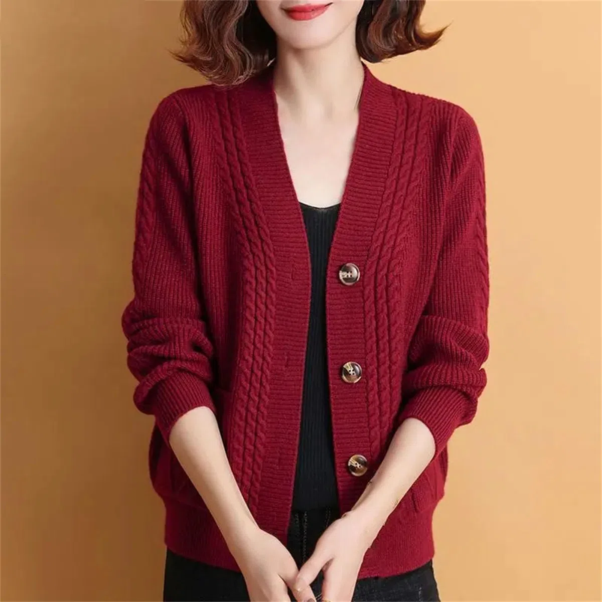Cárdigan de punto para mujer, casual, manga larga, parte delantera abierta, con botones, a la moda, ropa de abrigo