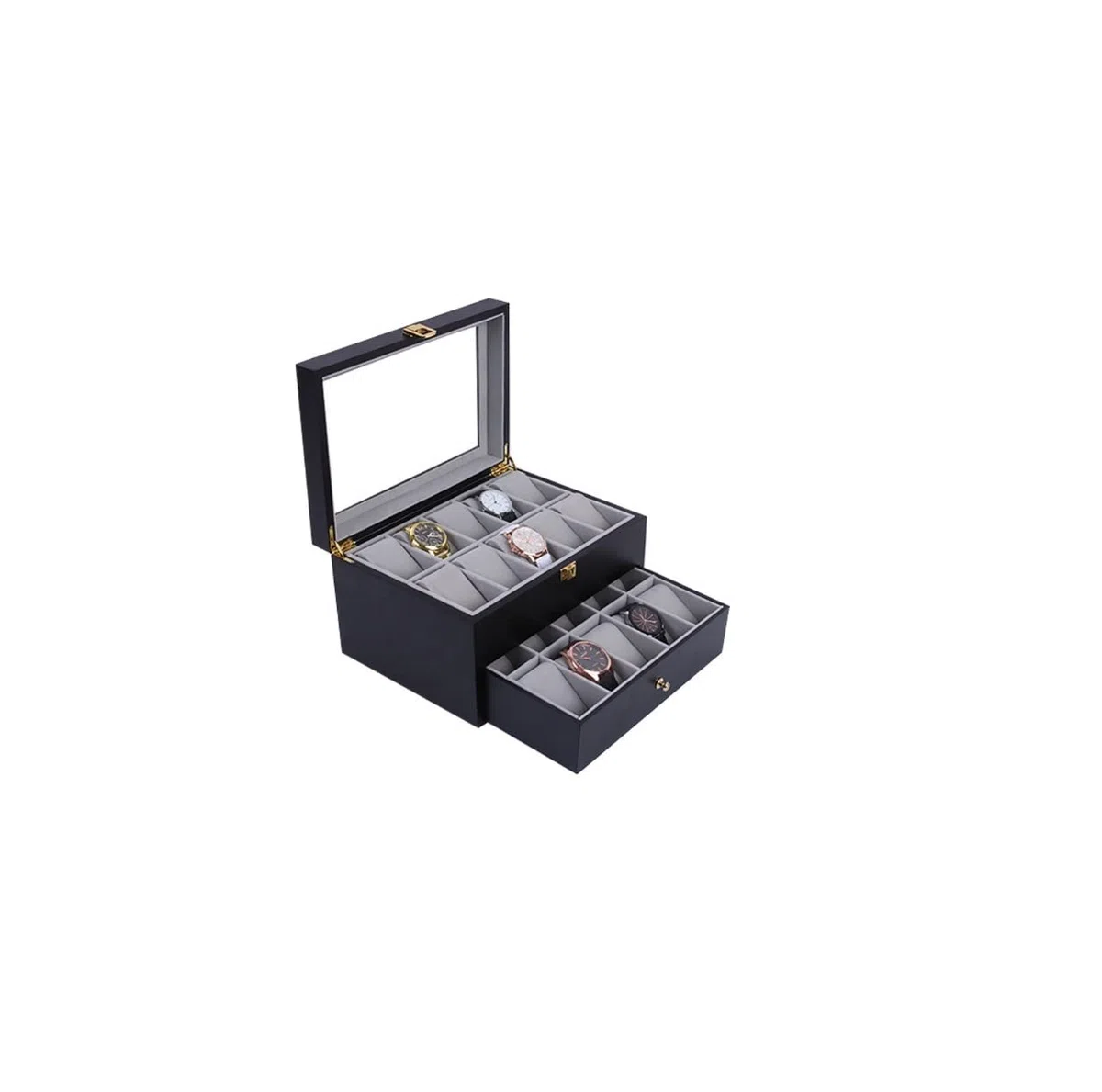 Organizador de relojes, caja de reloj de madera con 20 rejillas, diseño de 2 capas, hebilla de metal, gran capacidad para colección de joyas, perfecto para hombres y mujeres
