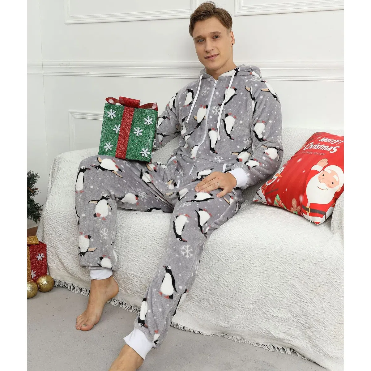 Pijama Navidad Una Pieza Hombre Franela Pijamas Mono Entero con Capucha Manga Larga Invierno Calentito Jumpsuit Adulto Onesie Ropa de Casa Dormir