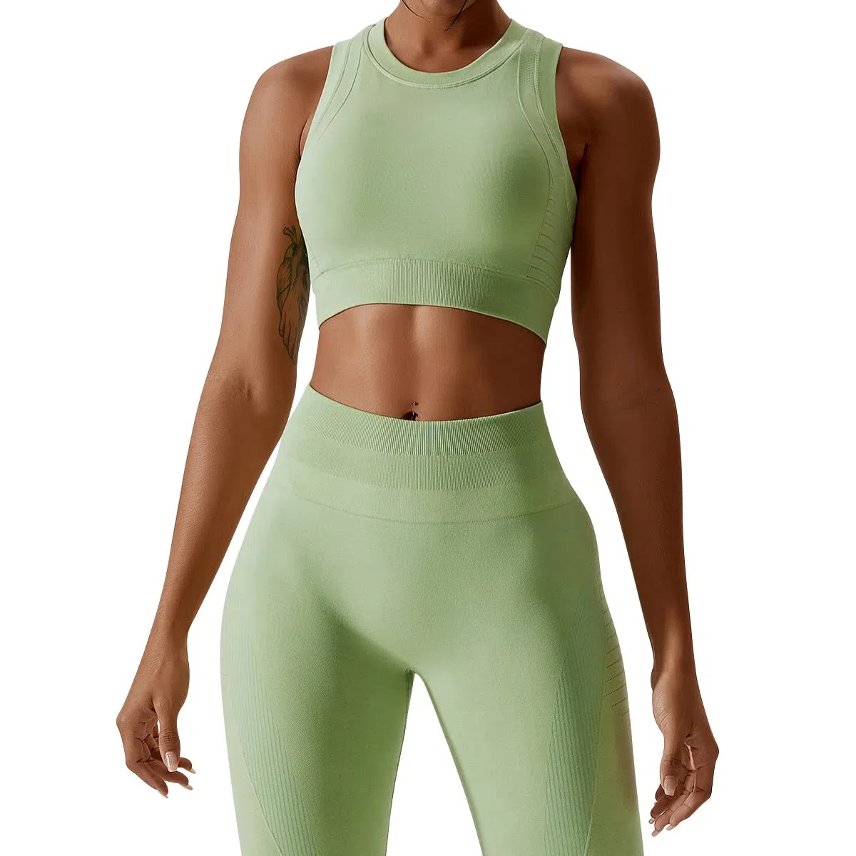 ABOCIW Conjunto de entrenamiento sin costuras para mujer, brasier deportivo de espalda cruzada, camiseta sin mangas, leggings de cintura alta, 2 piezas, trajes de gimnasio y yoga