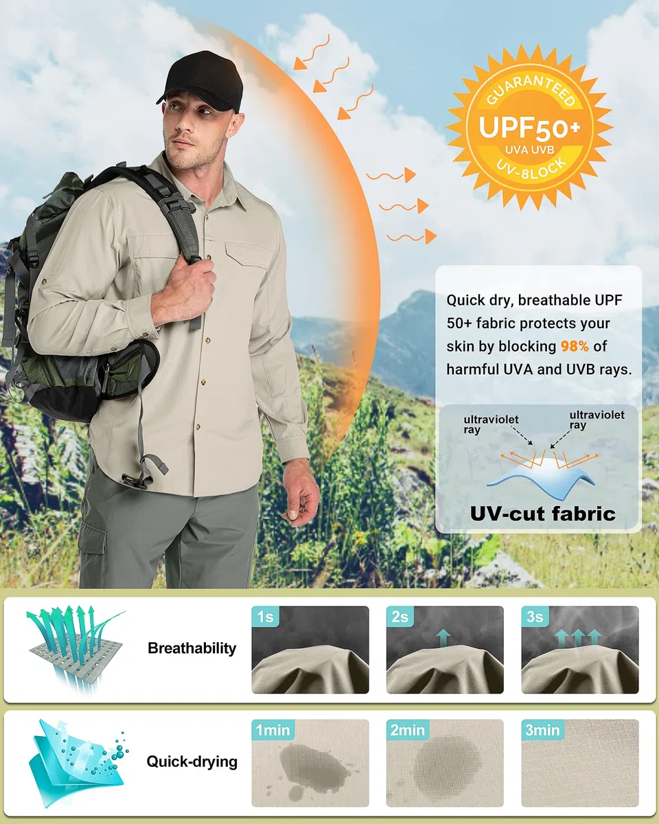 Outdoor Ventures Camisa para hombre de manga larga, transpirable, de secado rápido, camiseta funcional para hombre, primavera, verano, protección UV, camiseta deportiva