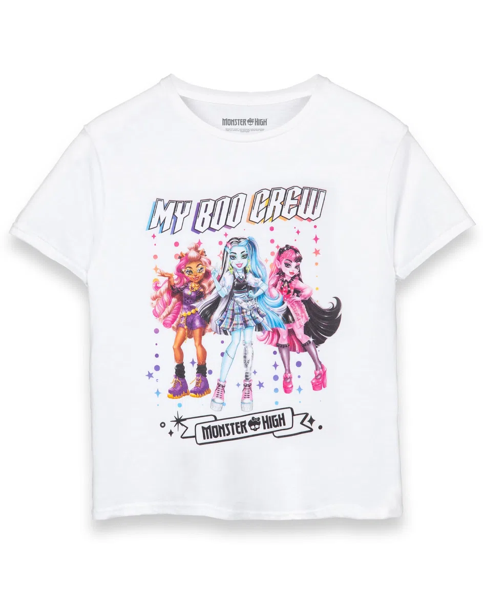 Monster High Camiseta de manga corta para niñas My Boo Crew en color blanco | Draculaura Frankie Stein Clawdeen Wolf TV Show Apparel Top | Fashion Cartoon Series Merchandise Gift