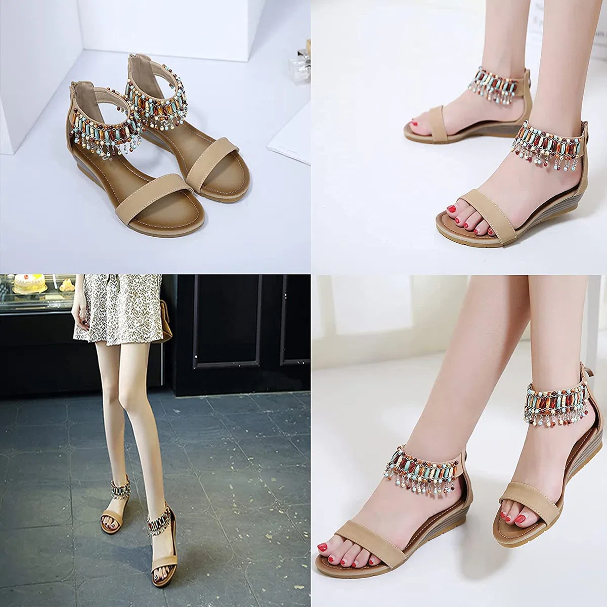 Sandalias Bohemias con Cremallera para Mujer, Chanclas de Playa de Verano, Zapatillas con Punta Abierta, Zapatos con Cremallera Plana Romana, Plataforma, Punta Abierta, Sandalias de tacón con