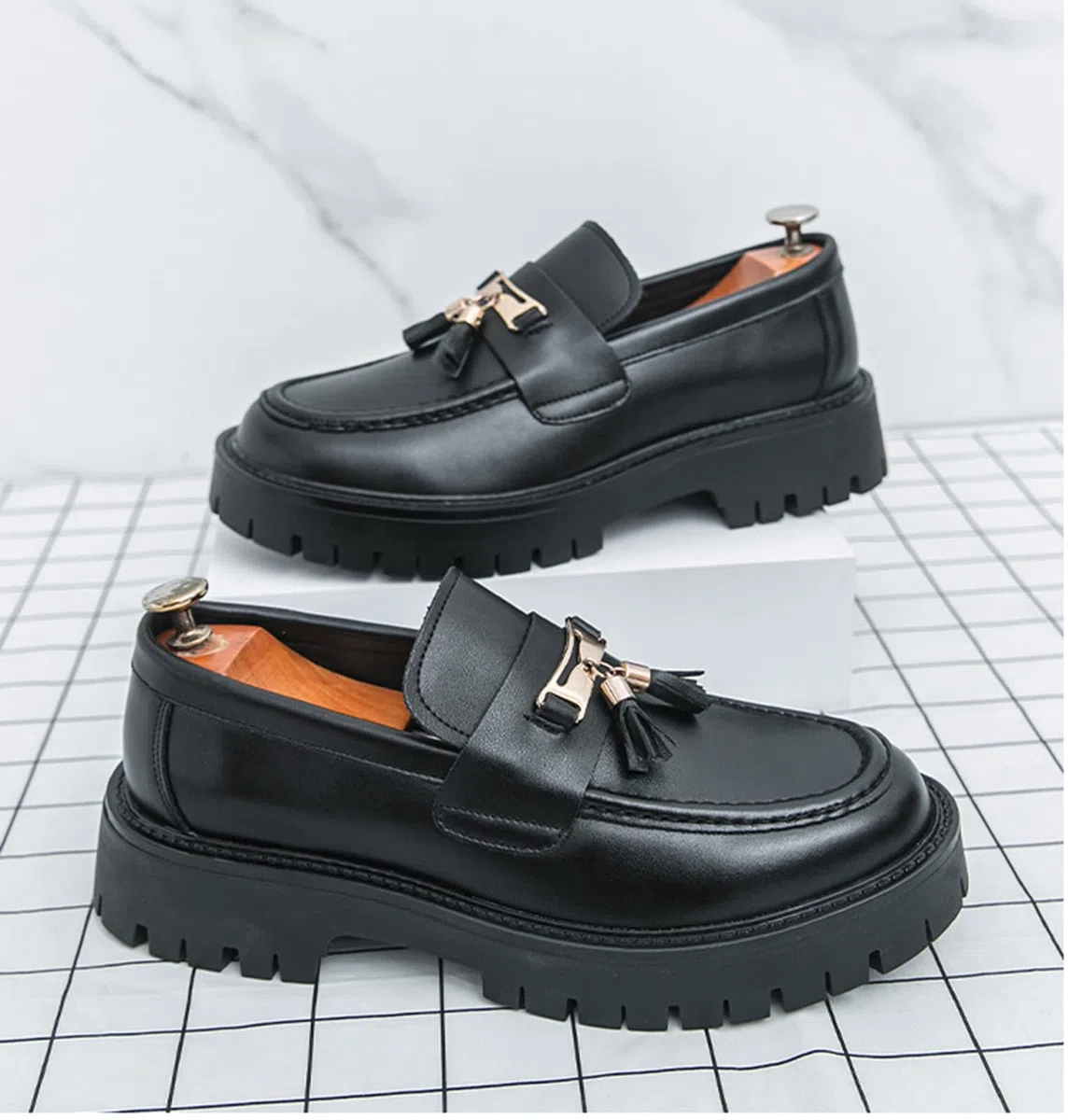 Mocasines Hombre Piel PU con Borlas Zapatos Vestir Casual Suela Gruesa