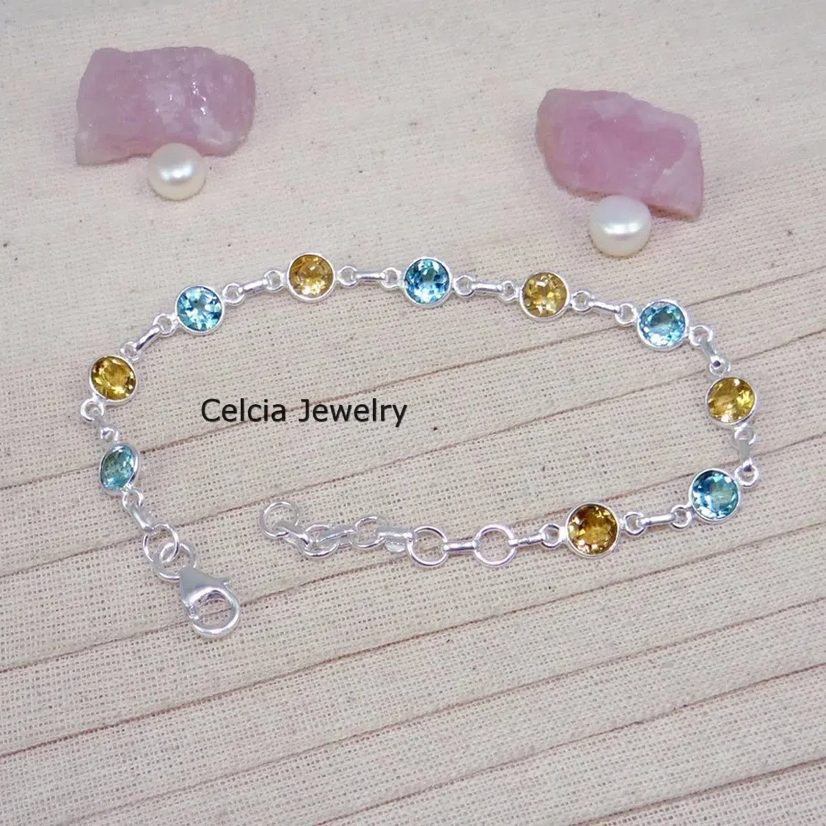 Pulsera de plata de ley 925 maciza para hombres y mujeres, topacio azul genuino y citrino, múltiples piedras preciosas, pulsera única hecha a mano para ella