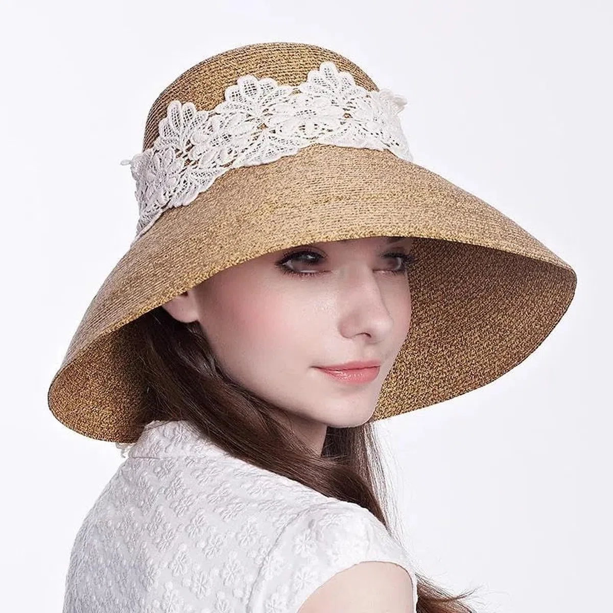 Sombrero de Paja Plegable ala Ancha, Visera Elegante y Protector Solar para Playa y Actividades al Aire Libre en Verano, Caqui