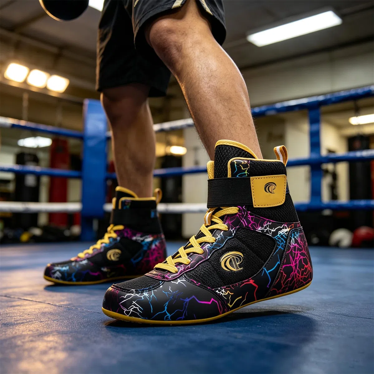 Zapatillas Boxeo Hombre Zapatillas Lucha Libre Ligeras Transpirables con Estampado de Caña Alta para Fitness Levantamiento de Pesas