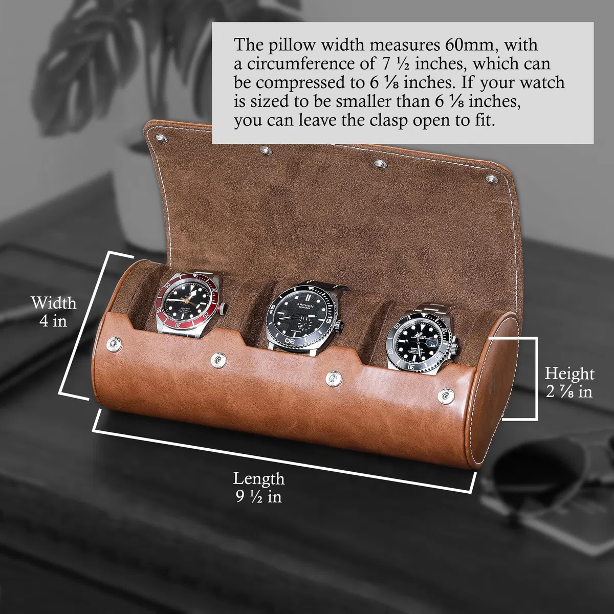 ROTHWELL Estuche de viaje con rollo de reloj para 3 relojes | Protección portátil resistente, se adapta a todos los relojes de pulsera (bronceado/marrón)