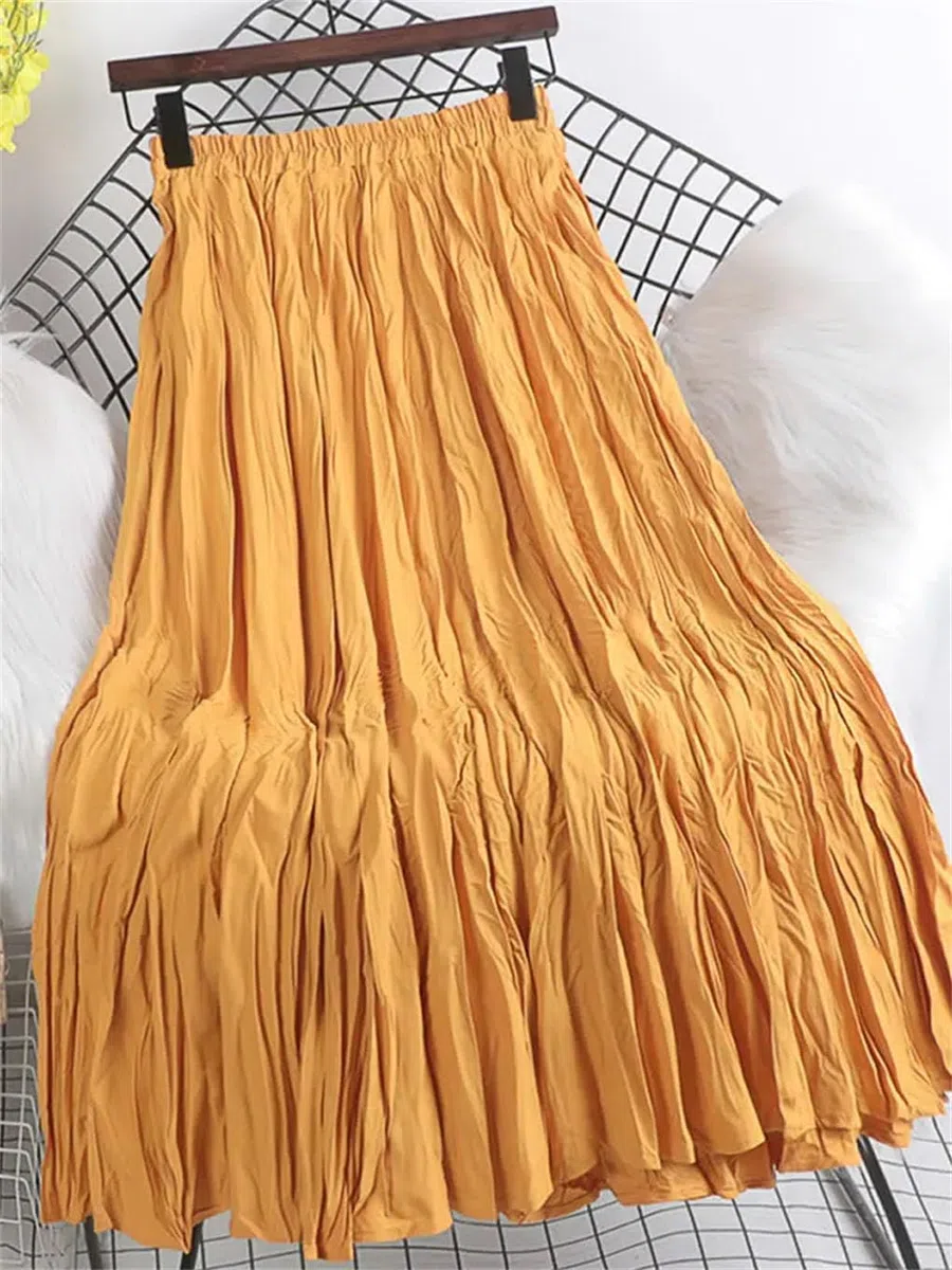 Faldas plisadas de cintura alta de color liso para mujer, longitud media, falda casual acampanada