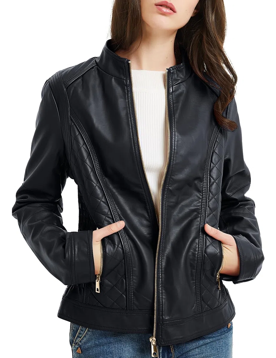 BELLIVERA Chaqueta de Cuero PU para Mujer, Chaqueta con Bolsillos con Cremallera, Chaqueta Corta para el Otoño, Primavera