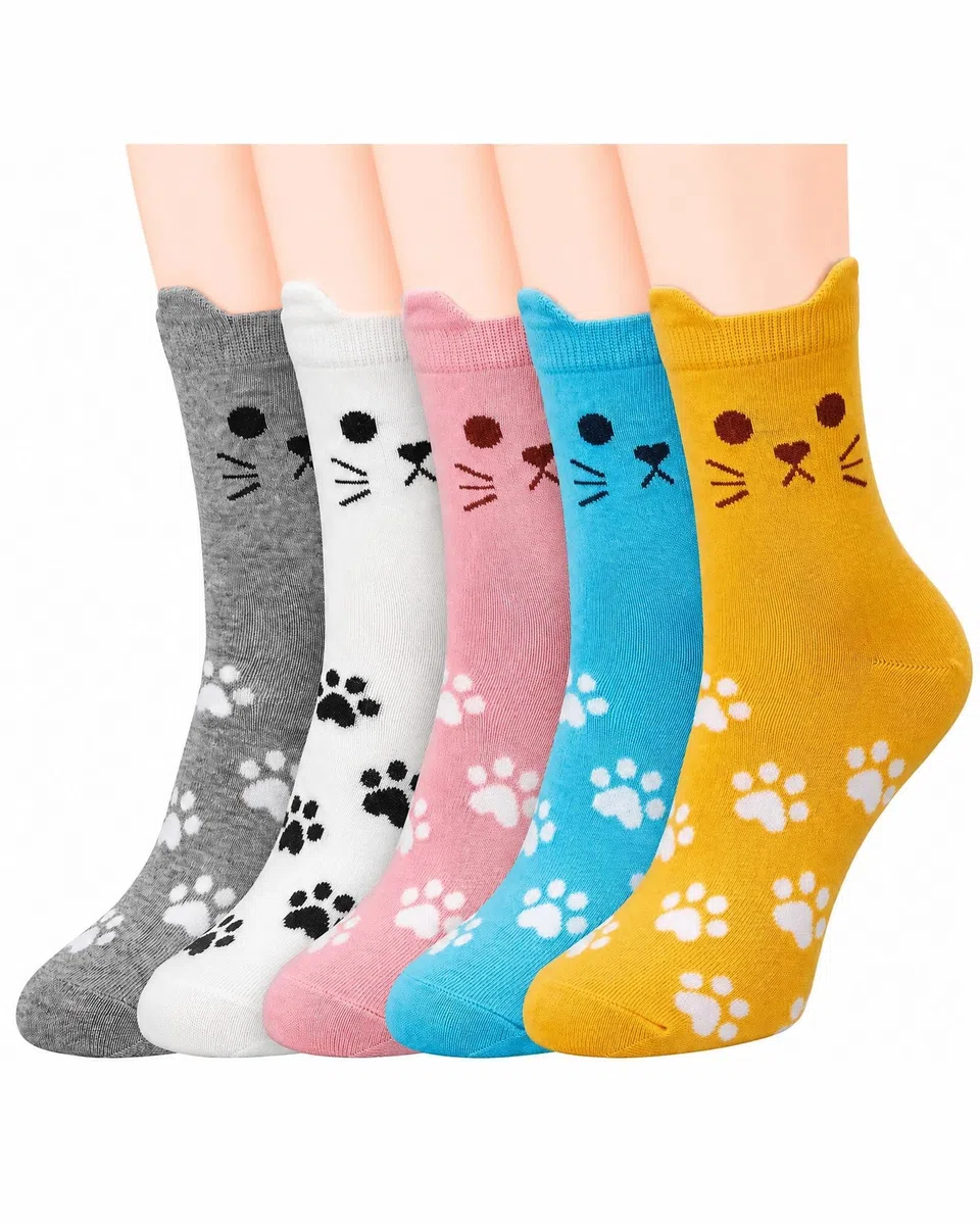 Chalier 5 Pares de Calcetines Divertidos para Mujer, CÓmodos Y Bonitos Calcetines Estampados Estampados Divertidos, Novedosos Calcetines de Gato para Mujeres, Regalos