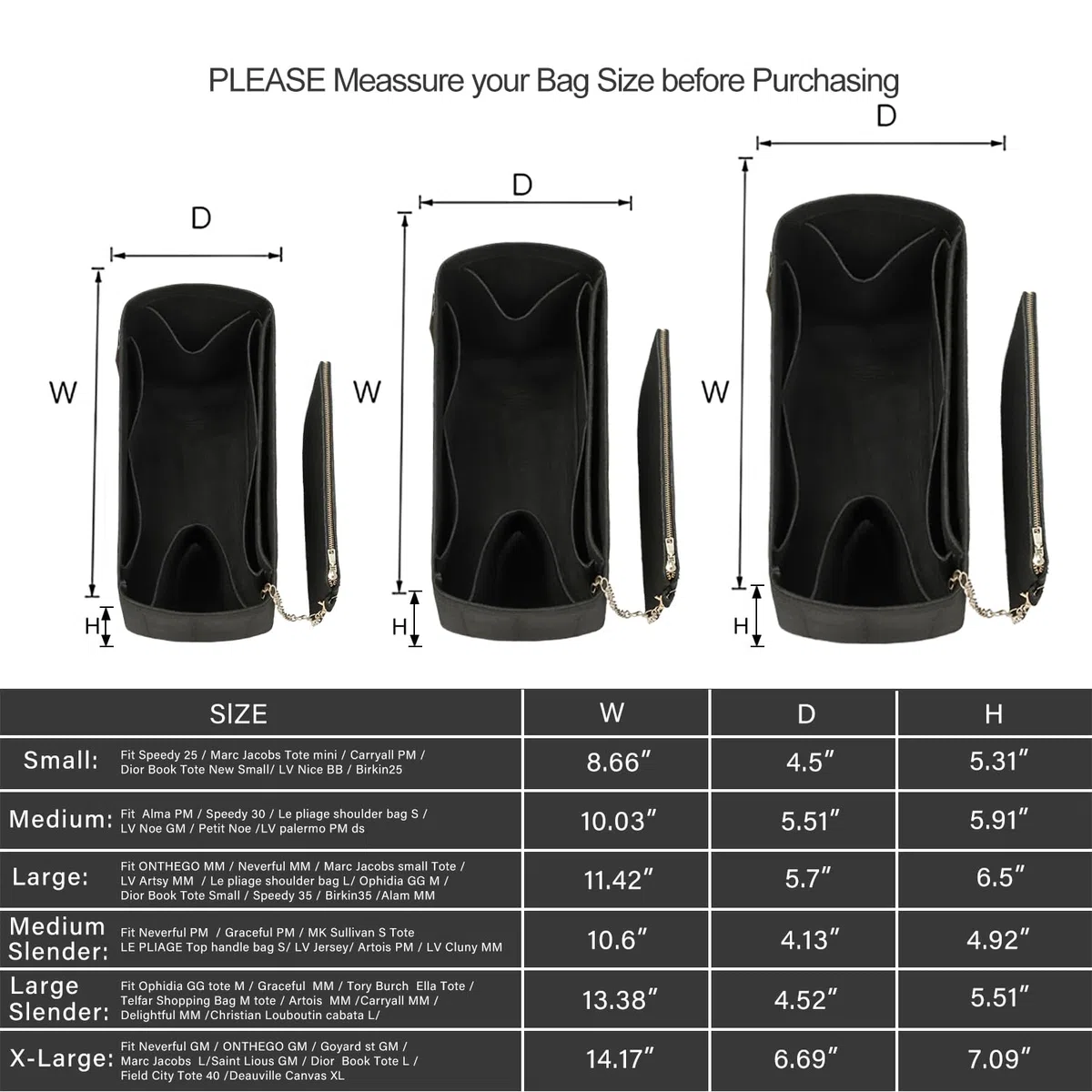 Organizador de bolso para bolsos, organizador de bolsa de mano, organizador de bolso para bolsa y bolsos, compatible con Neverful Speedy y más (XL, negro)