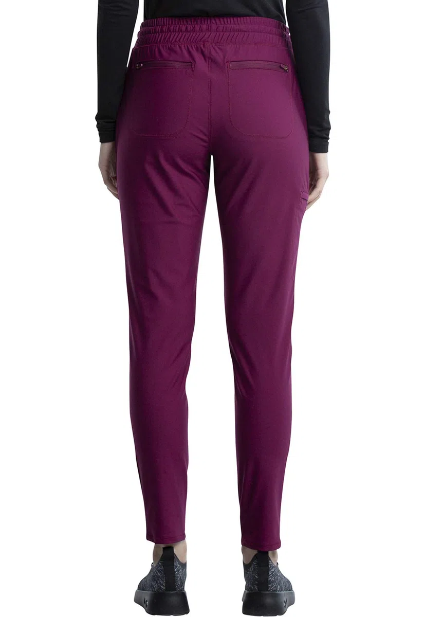 Cherokee Conjunto de uniforme médico para mujer, 7 bolsillos, cuello en V, dobladillo curvado CK840 y pantalón de pierna cónica de tiro medio CK095, color vino, talla XS, pantalón alto