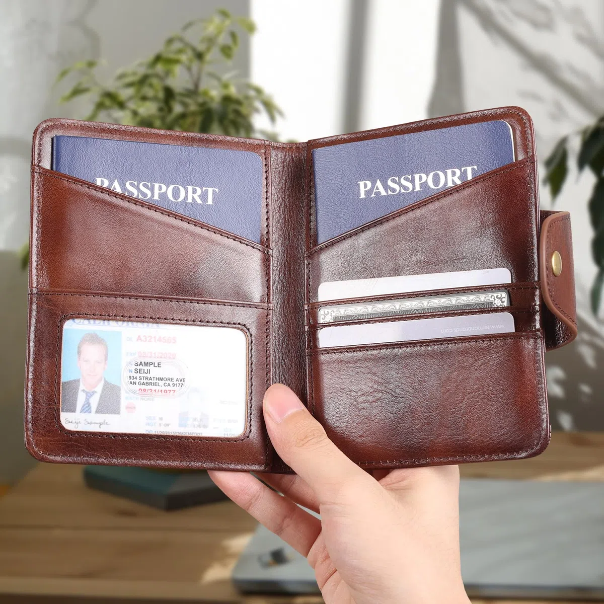 Cartera de piel auténtica funcional RFID plegable para pasaporte de viaje, Café (Coffee1), Vintage