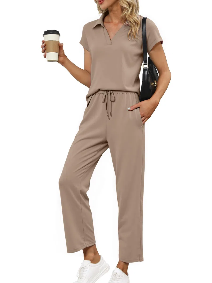 Glamaker 2 piezas traje de verano para mujer, conjunto de salón, manga con aletas, polo y pantalón, chándal, traje de viaje, traje a juego 2026