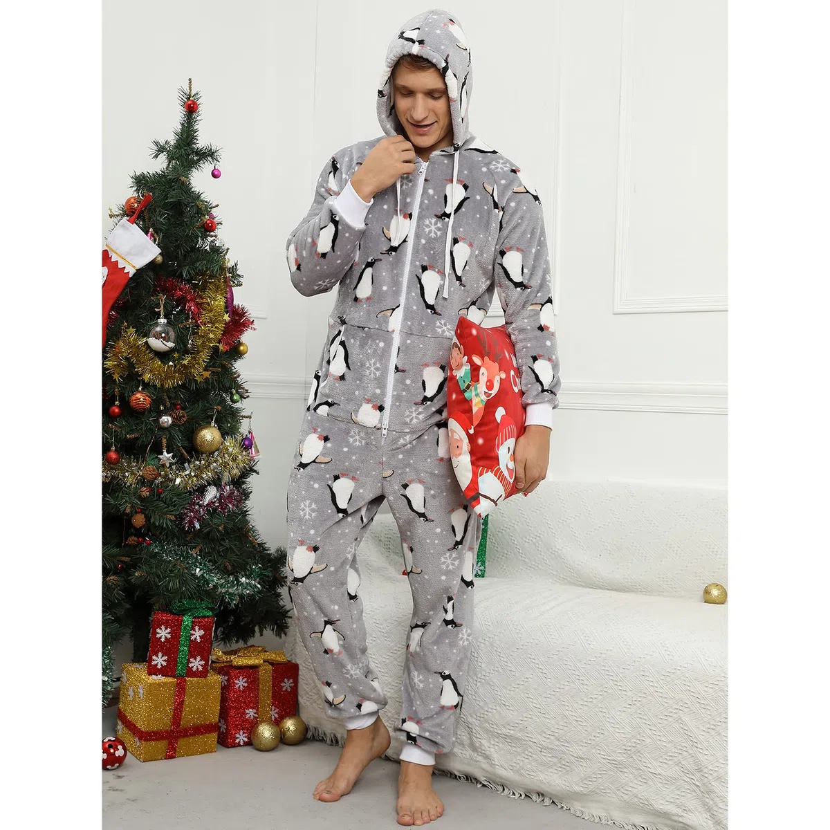 Pijama Navidad Una Pieza Hombre Franela Pijamas Mono Entero con Capucha Manga Larga Invierno Calentito Jumpsuit Adulto Onesie Ropa de Casa Dormir