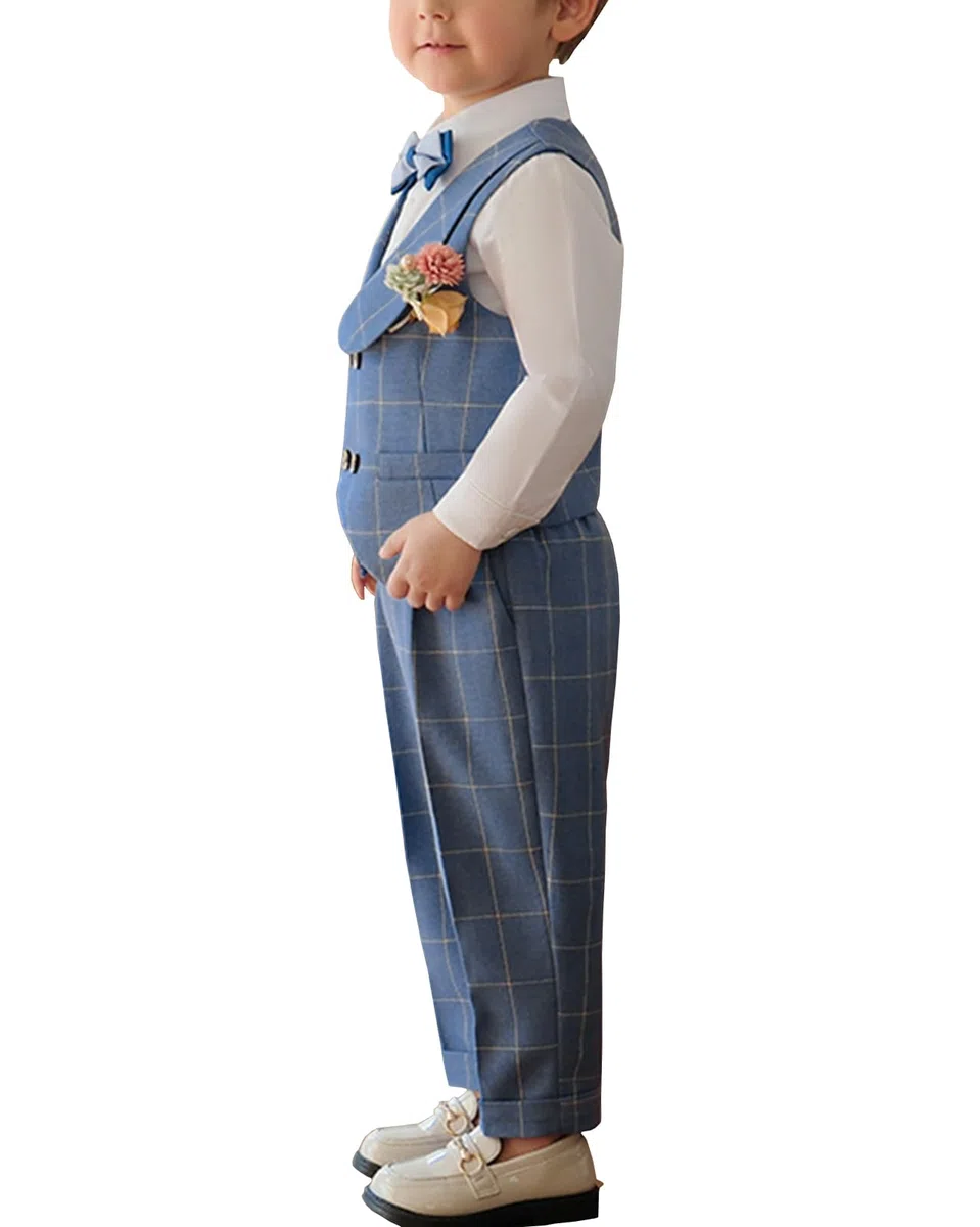 Traje de Caballero para Bebés Niños Conjunto de Ceremonia Niño Set de Camisa + Pantalón/Pantalones Cortos + Chaleco + Pajarita + Broche de Flore 5 Piezas