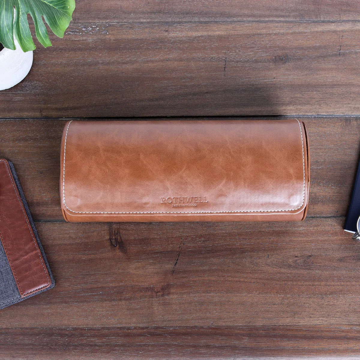 ROTHWELL Estuche de viaje con rollo de reloj para 3 relojes | Protección portátil resistente, se adapta a todos los relojes de pulsera (bronceado/marrón)