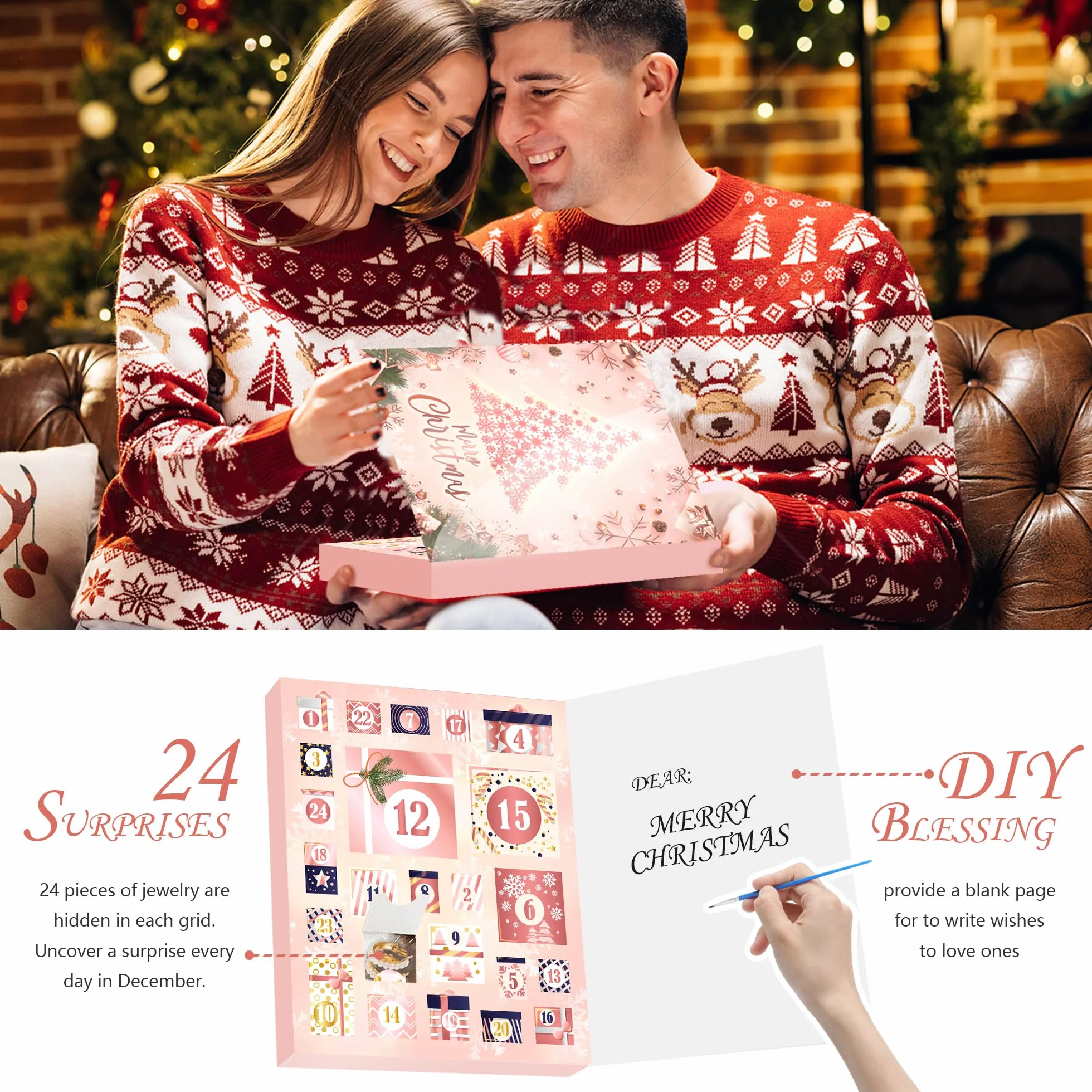 Calendario de Adviento 2025 de Navidad para mujer, pulsera de moda, collar y aretes, cuenta regresiva de 24 días, regalo sorpresa de Navidad para hija, novia, esposa, mamá (rosa)