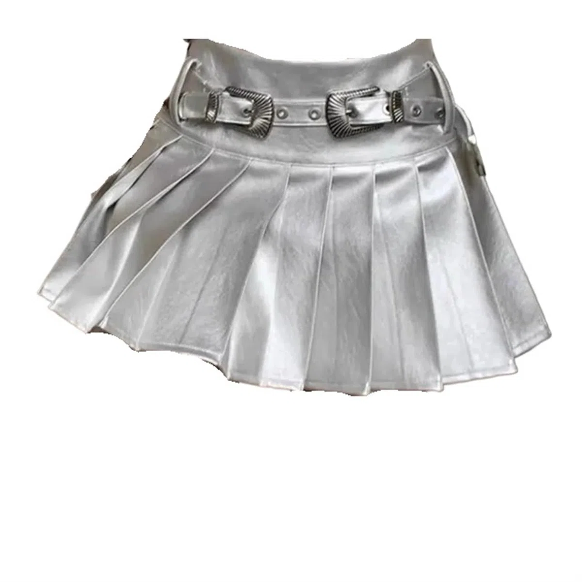 Falda Plisado Faldas Plisadas Plateadas de Cuero sintético for Mujer, minifaldas Cintura Alta con cinturón, Verano, Corte A
