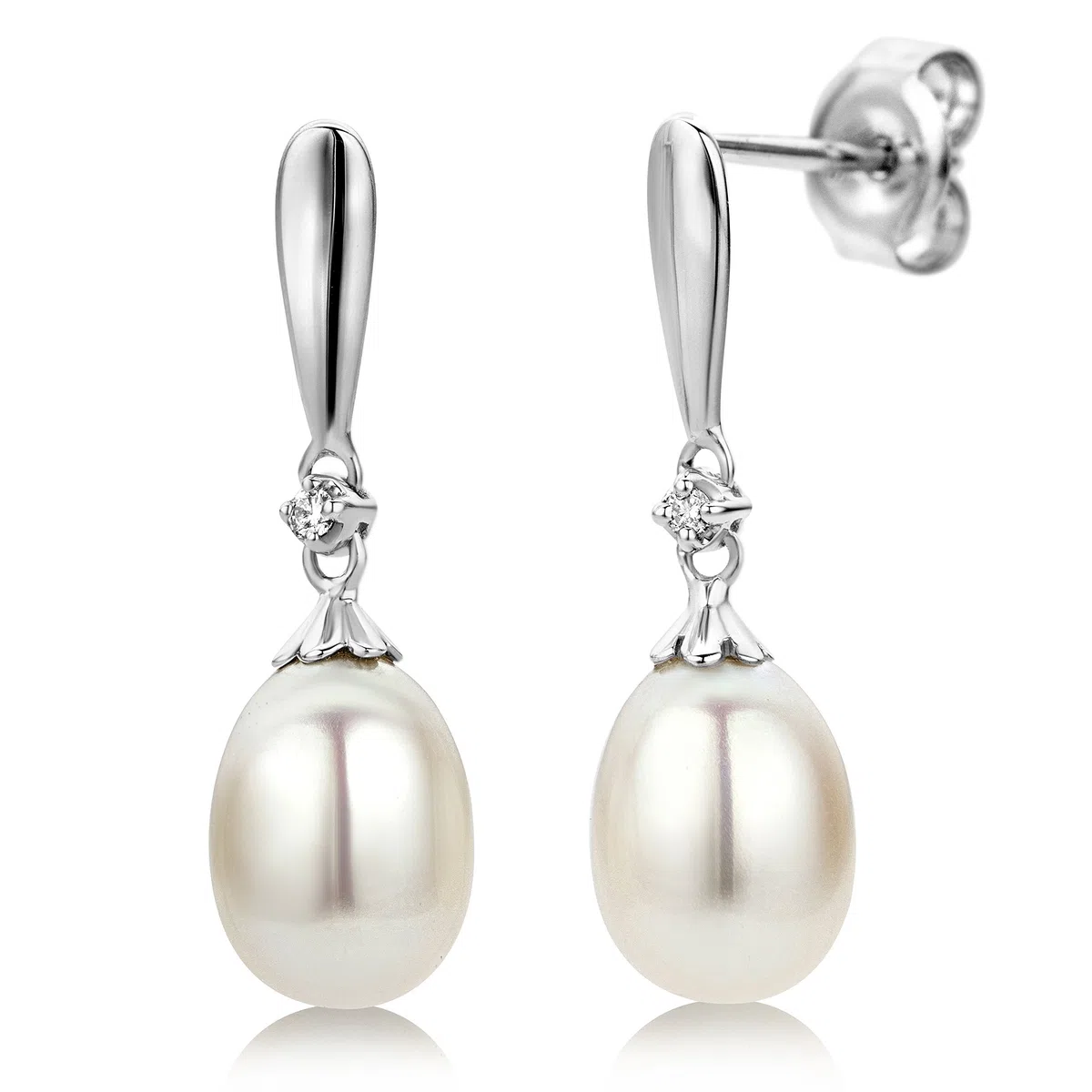 Miore Pendientes de Oro Blanco de 9K con Diamantes y Perlas en Forma de Gota para Mujer