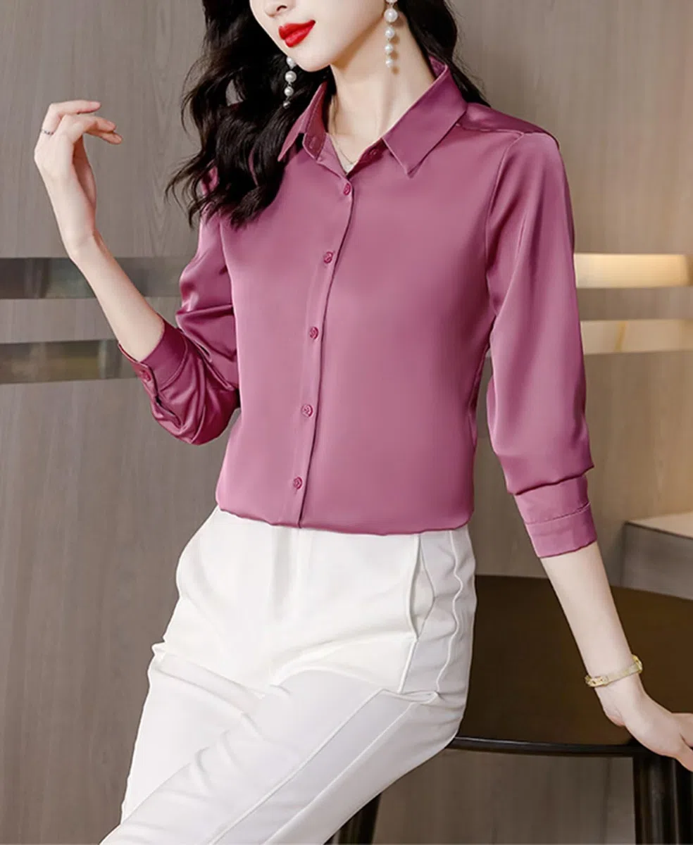 Camisa de Seda Mujer 100% Seda Blusa Manga Larga Elegante para Oficina