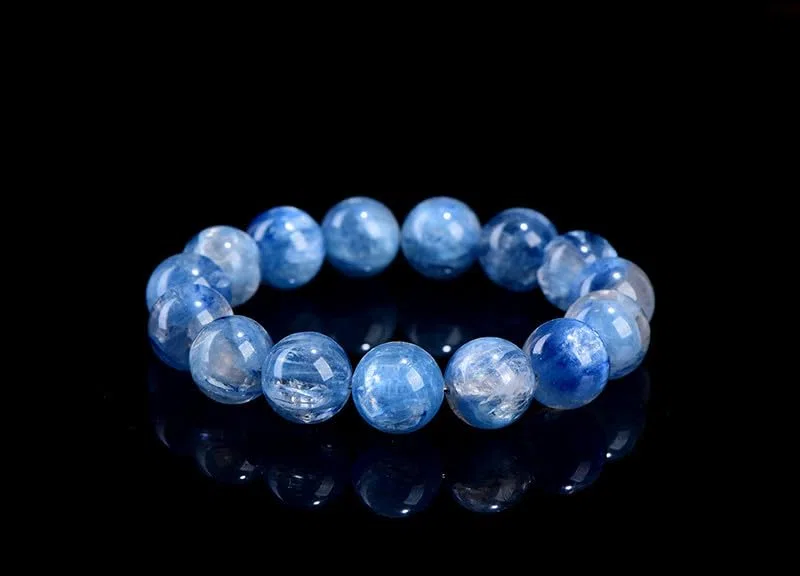 Pulsera de Cuentas Redondas de Cristal de cianita Azul-Verde Natural – Patrón de Flores flotantes, Pulsera elástica de cianita simbiótica de Mina Antigua,16~16.8mm