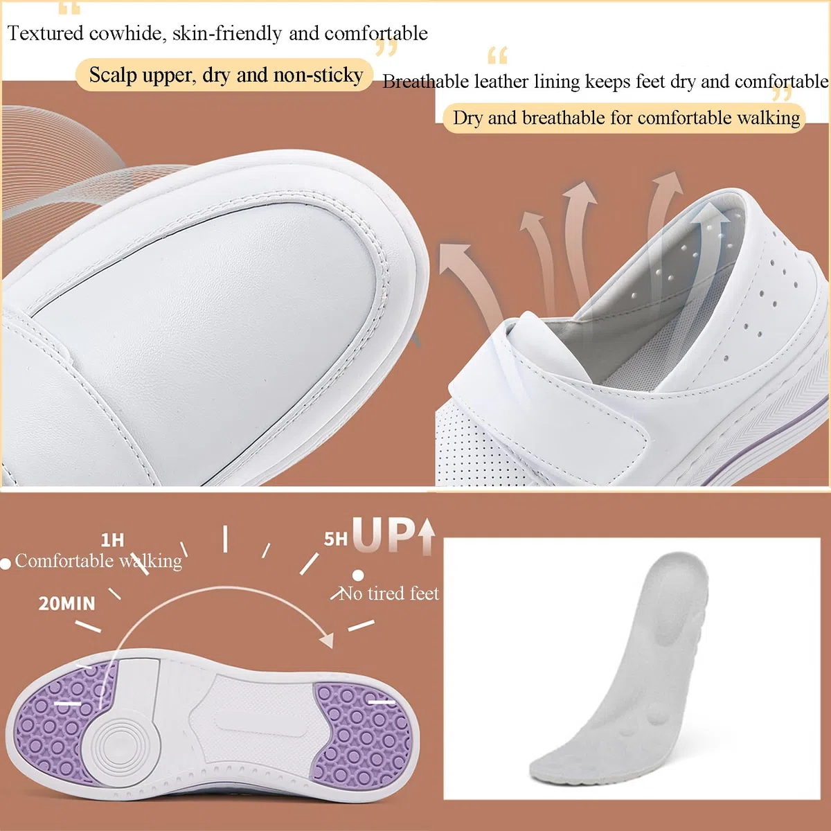 Zapatos Profesionales médicos/de enfermería/de Trabajo Ligeros para Mujeres, Zapatos médicos de Piel de Vacuno Transpirables con Suela de EVA Suave y Suela Gruesa