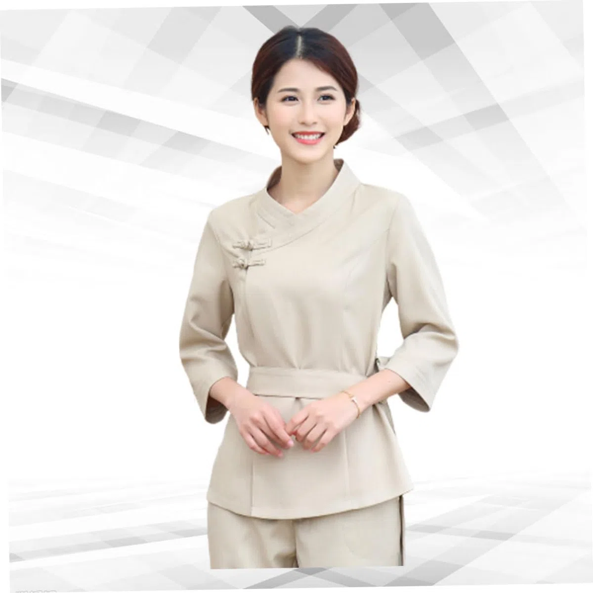 UKCOCO Mono Técnico Belleza y Uniforme Salón SPA Beige, Algodón Duradero, Diseño Ajustable, para Esteticista Mujer En SPA y Salón, Talla XXXL, Set 2 Piezas, Ropa De Trabajo Funcional
